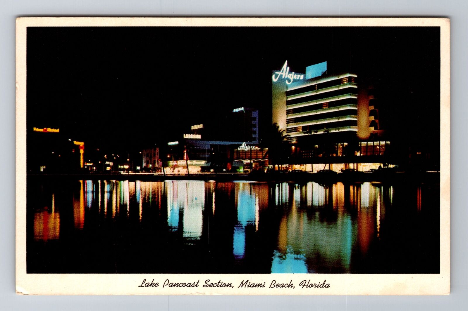 Miami Beach FL-Florida, Lake Pancoast Area, Night View, Vintage c1963 Postcard