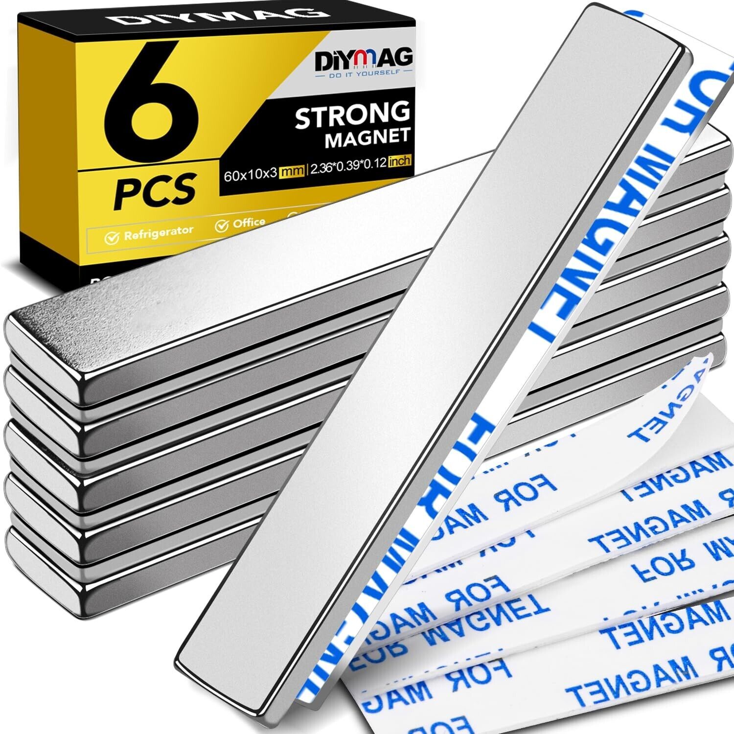 6 Pack Super Strong Bar Magnets Heavy Duty, Large Flat Magnetic Strips, Powerful
