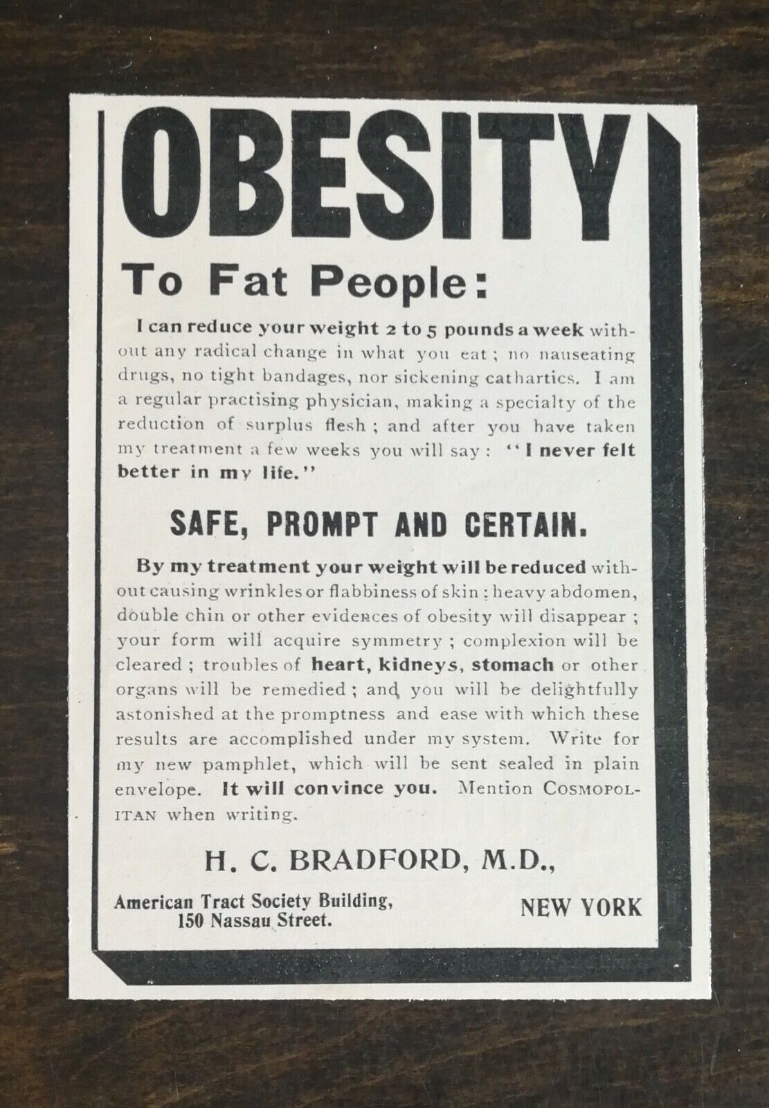 Vintage 1900 Obesity H.C. Bradford M.D. Original Ad 1021
