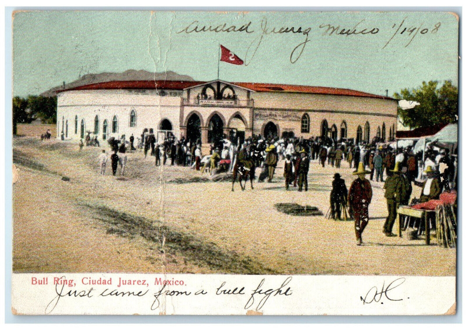 1908 Bull Ring Ciudad Juarez Mexico Flag Stadium Entrance Antique Postcard