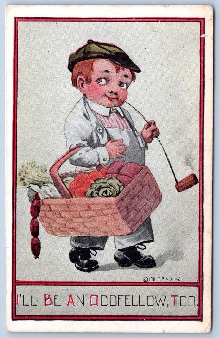 1911 I'LL BE AN ODDFELLOW TOO SMOKING PIPE MESSAGE MARY HAS THE MEASLES POSTCARD