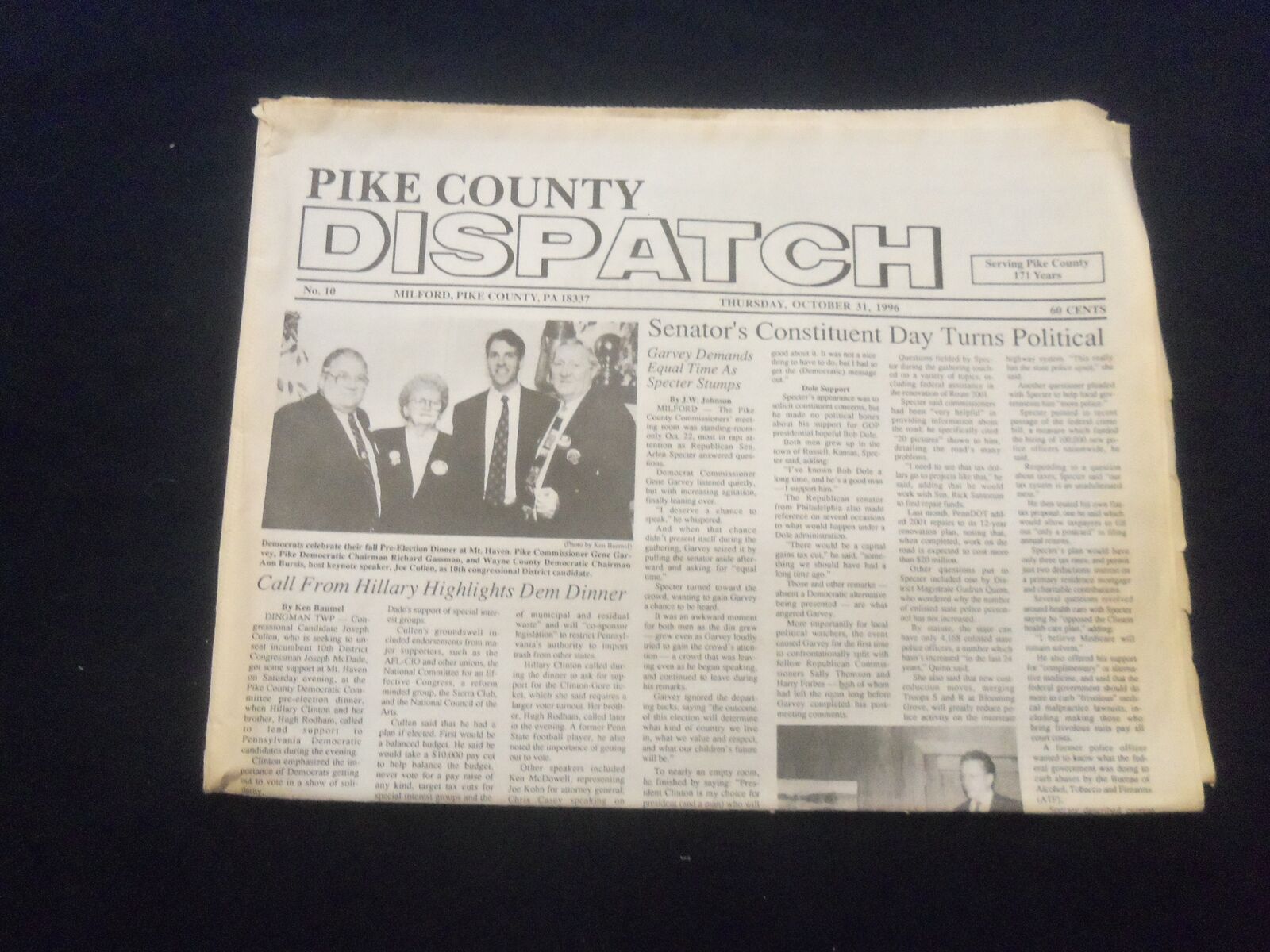 1996 OCT 31 PIKE COUNTY DISPATCH NEWSPAPER -CONSTITUENT DAY-MILFORD, PA- NP 6101