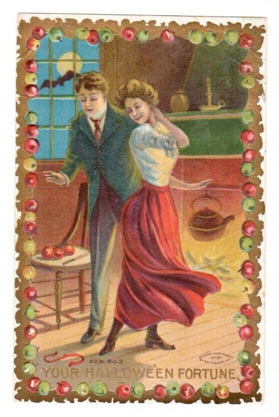 Antique Halloween Postcard M.W. Taggart  1909 Bat Lovers Apples Lovers