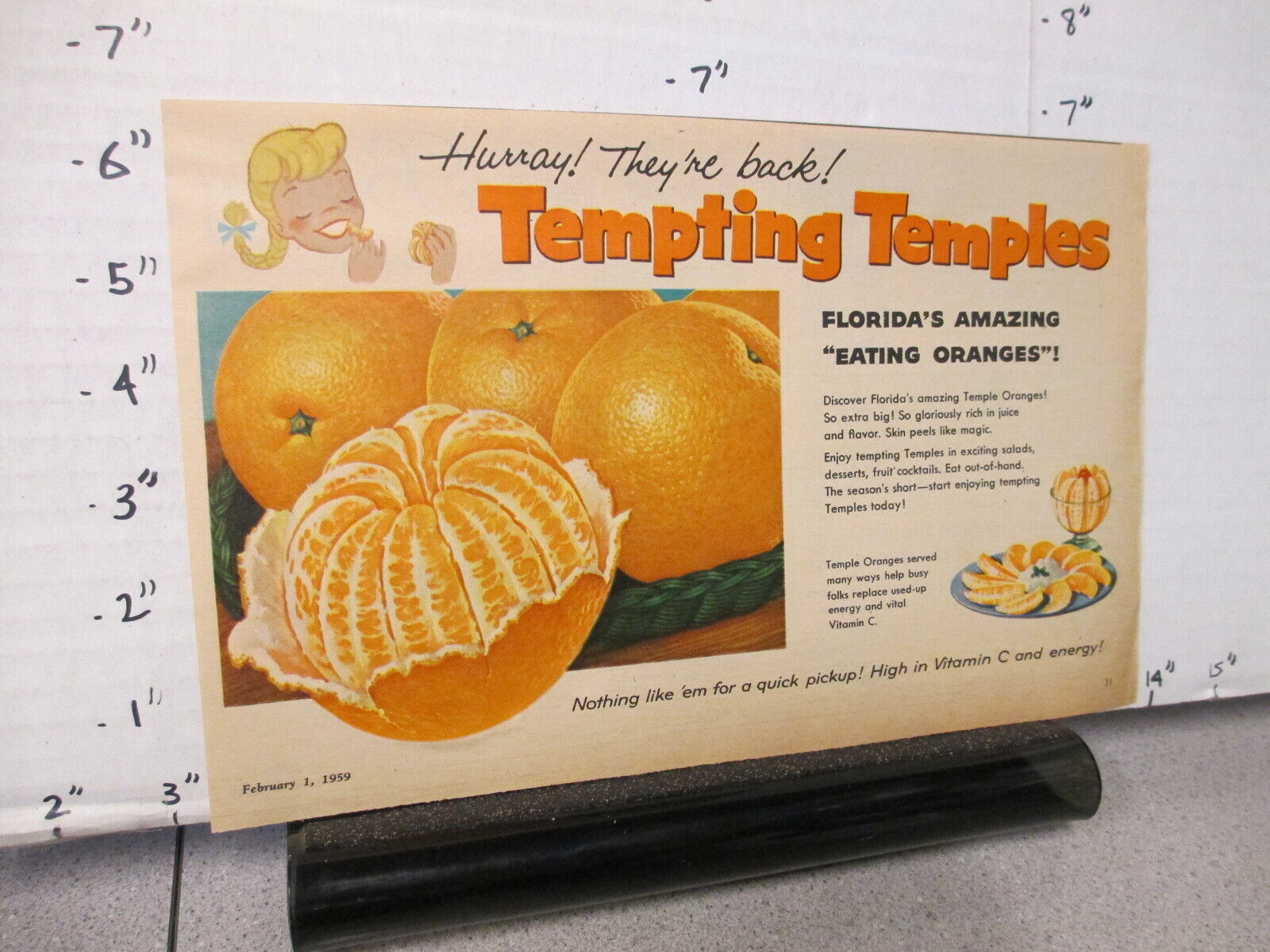newspaper ad 1959 FLORIDA ORANGES Temple eating vitamin C fruit peeling