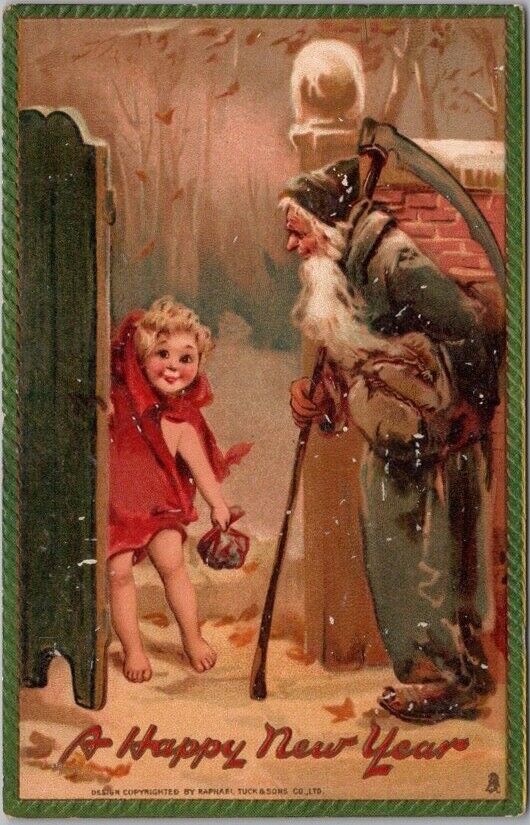 c1910s TUCK'S Series 3755 Embossed Postcard Father Time Welcomes Baby New Year