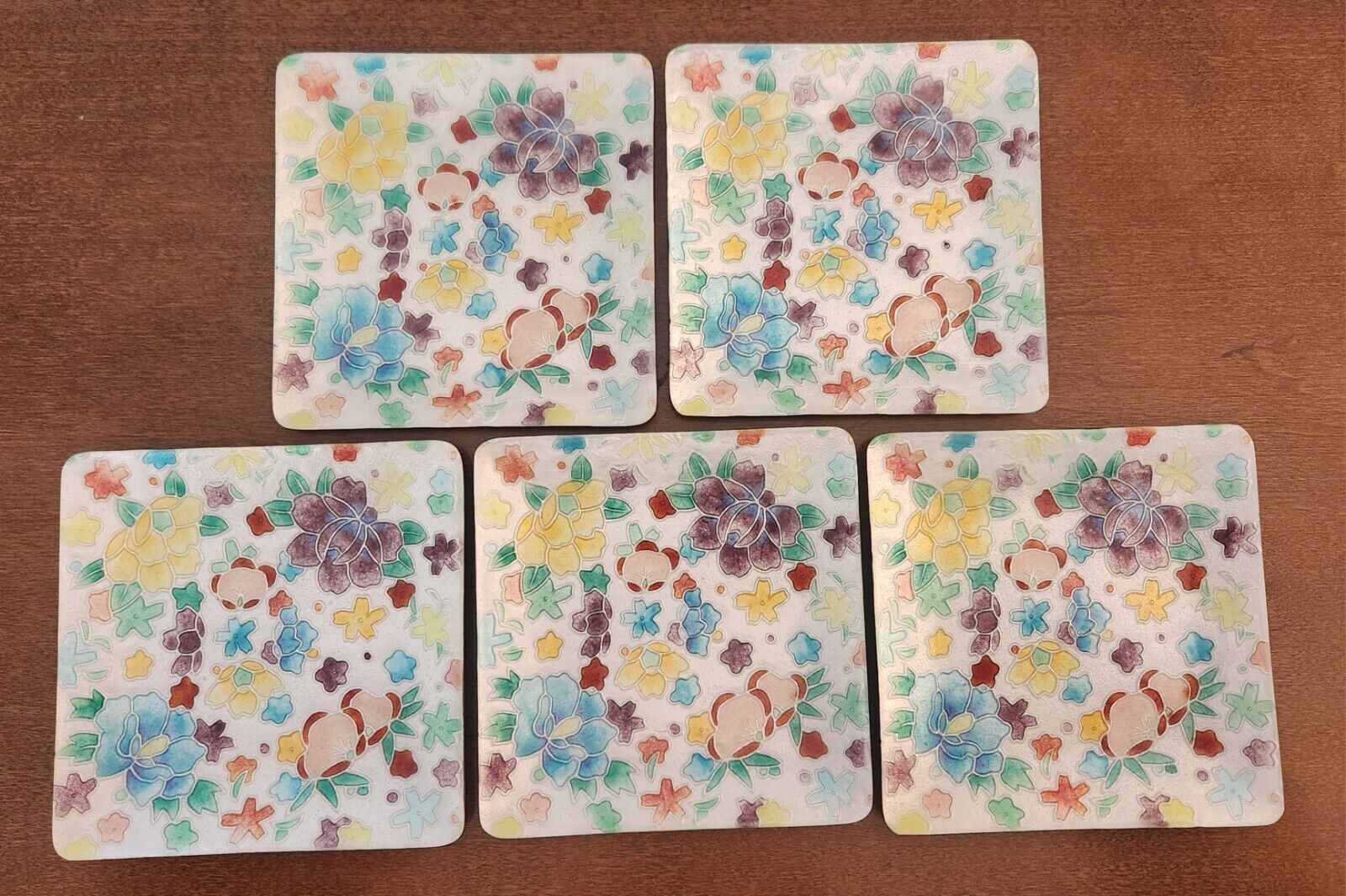 Set of 5 Vintage Japanese Tutanka Enamel Cloisonné Plates with Floral Design