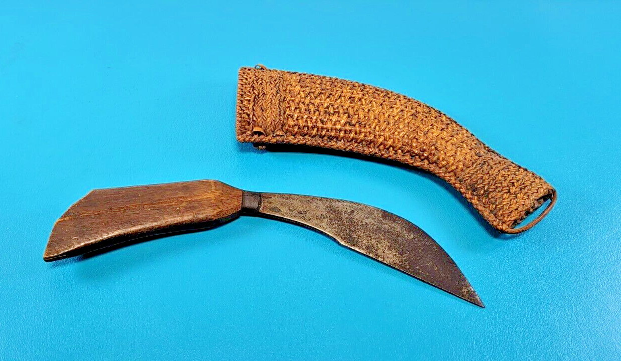 Unusual Southeast Asian Boomerang Style Dagger Knife + Rattan Sheath