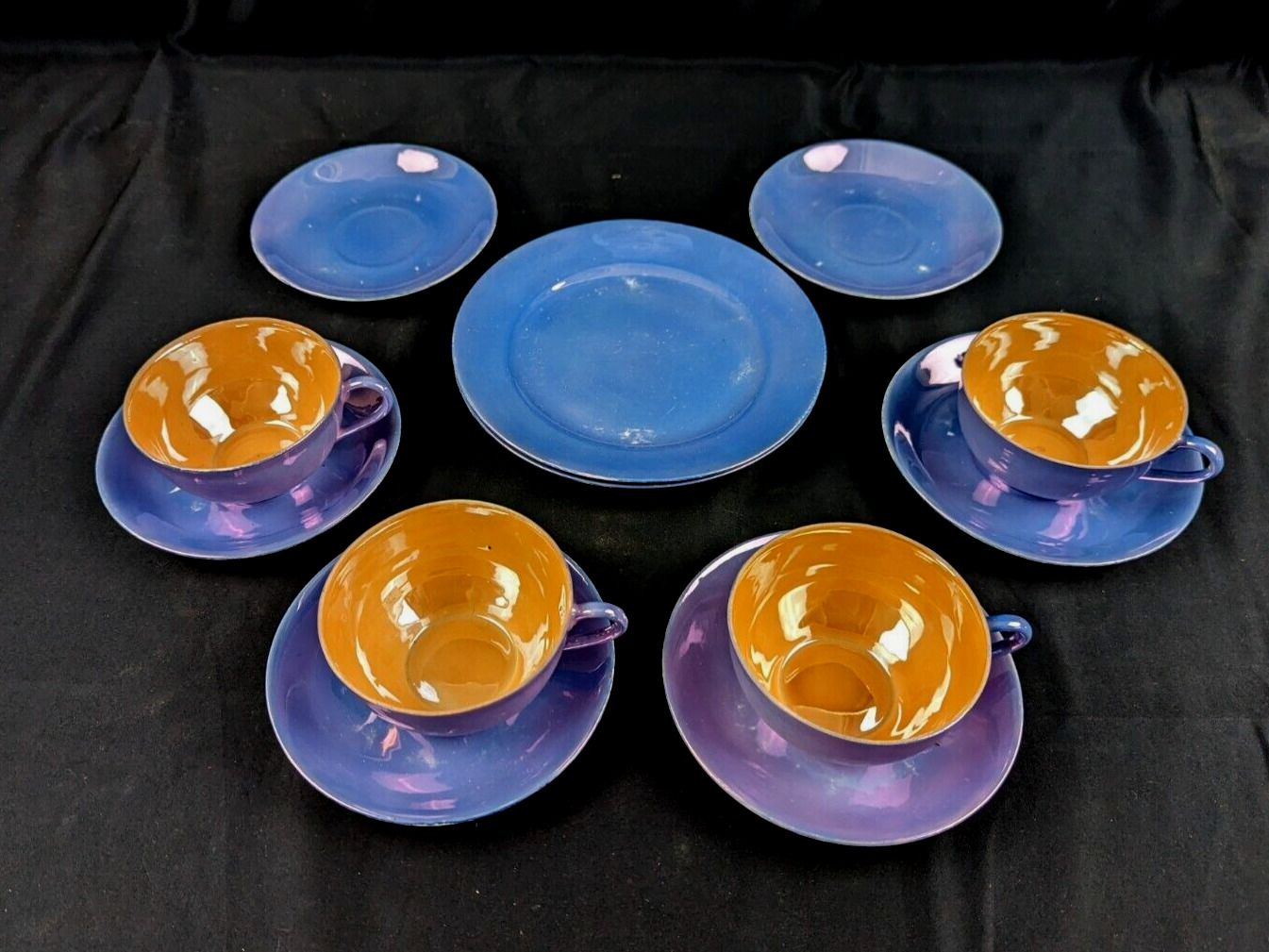 Vintage Japanese Lusterware, 12pc Set, Hand Painted Peach and Blue