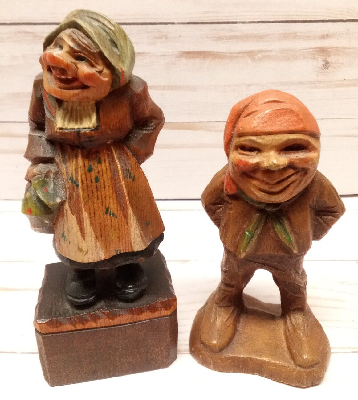 Vintage lot of 2 Hand Carved Trademark Franco Made In Italy wood woman and man