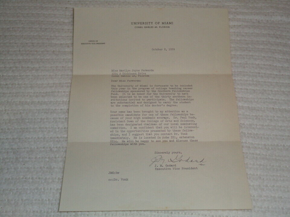 1959 University of Miami Executive Vice President Southern Fellowships Letter