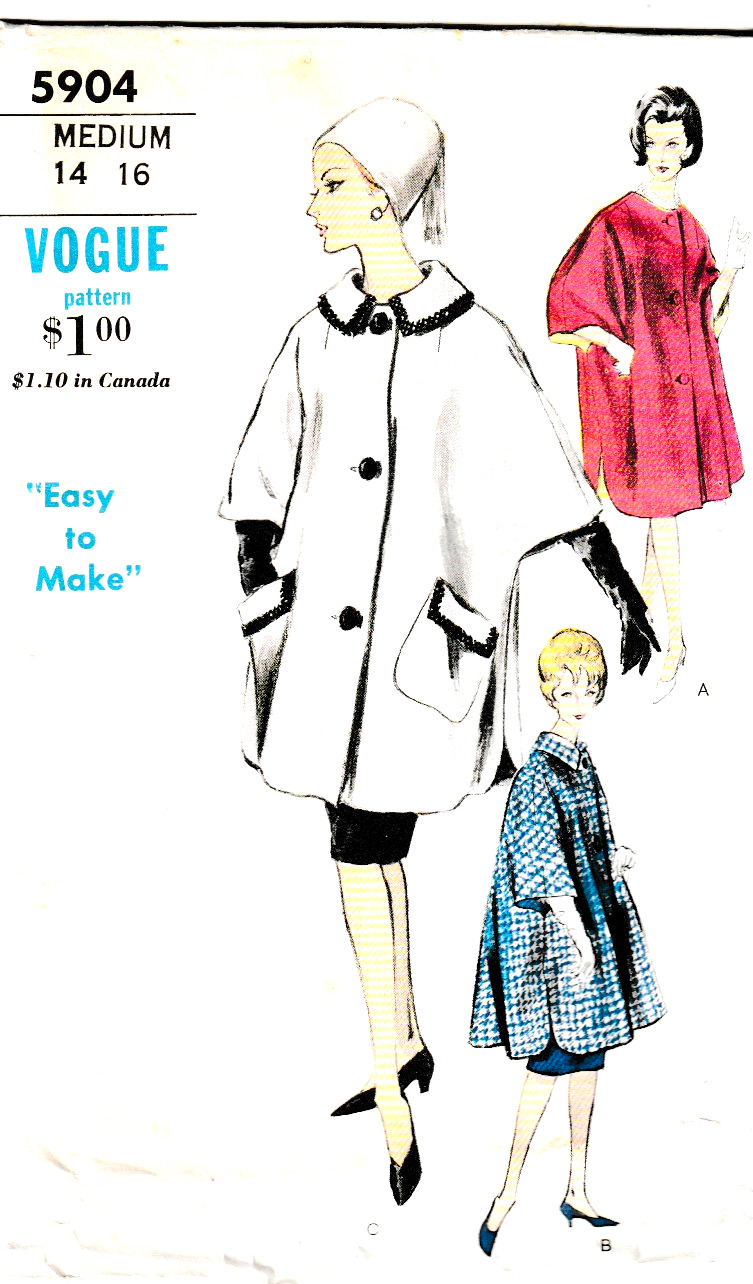 Vintage Vogue Pattern 5904; Misses Poncho Coat, Size 14-16