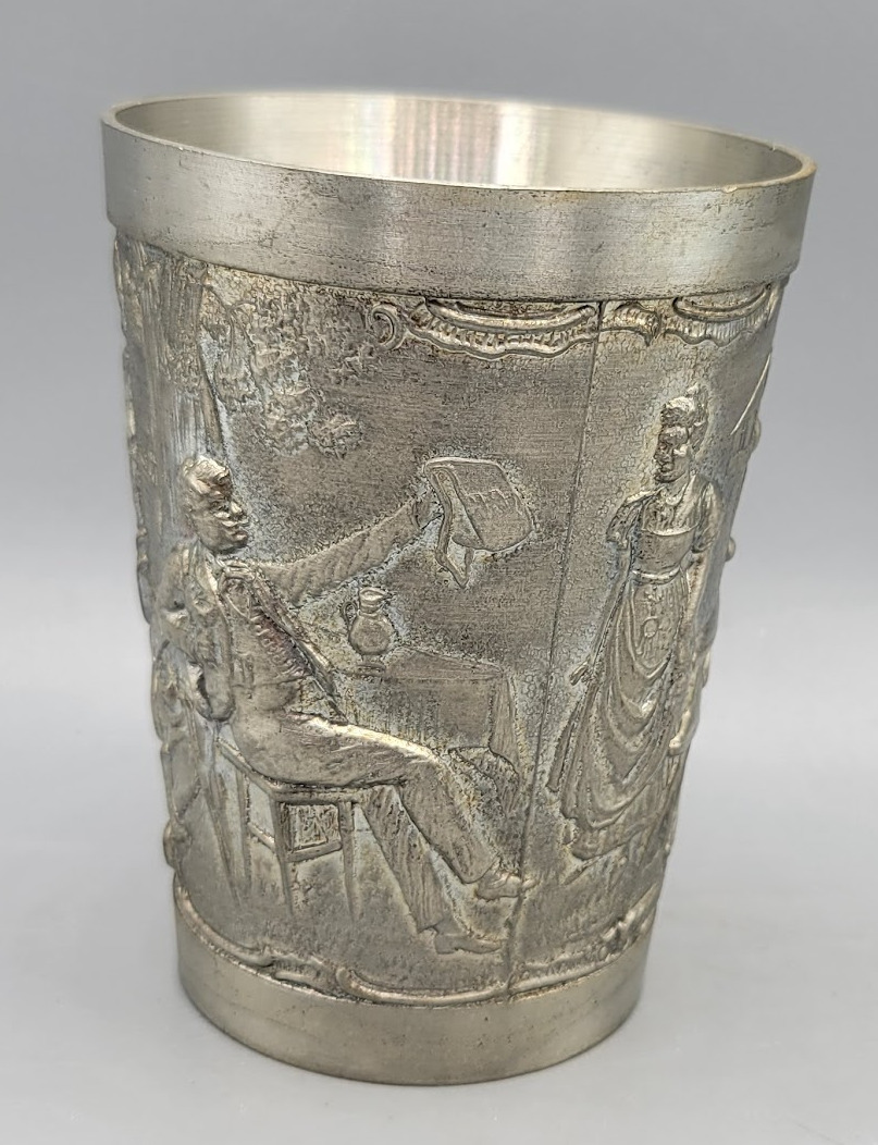 Vintage AF ZINN German Pewter Wine Cup Glass Embossed Mug