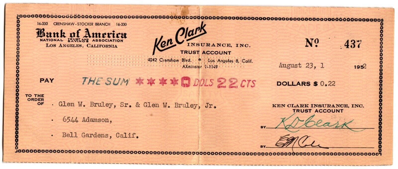 Vintage Uncashed $0.22 Bank of America Check 8/23/1952  Ken Clark Ins. Inc LA/CA