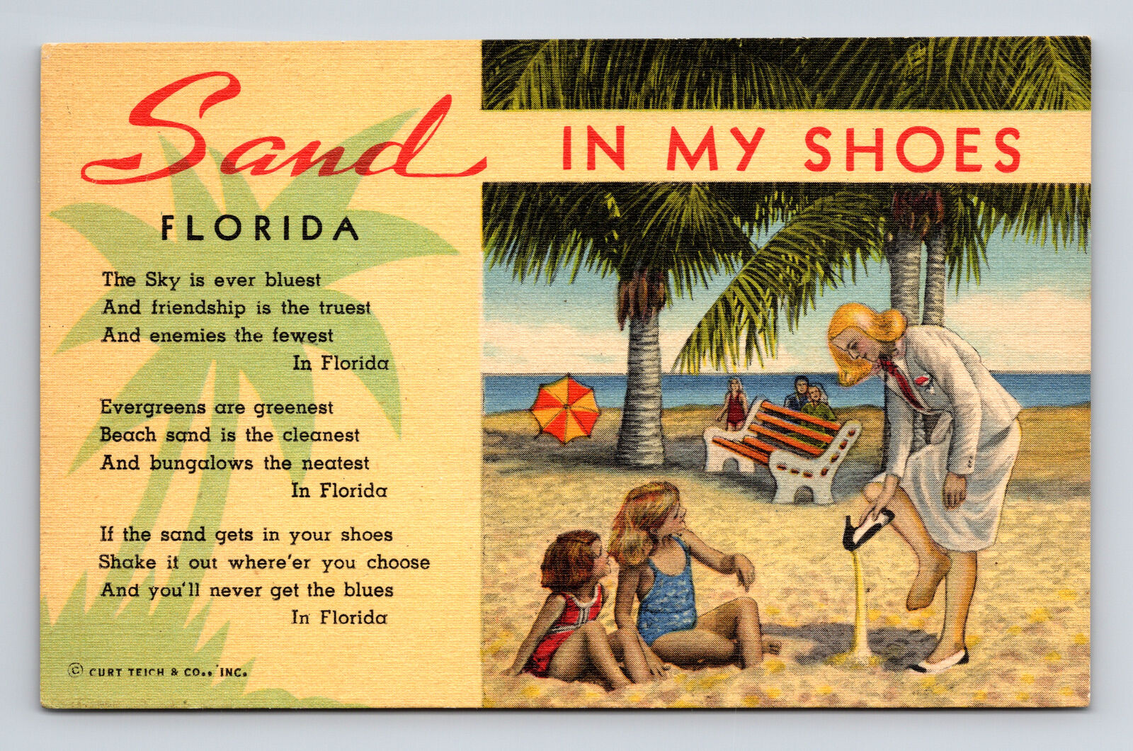 Linen Postcard FL Florida Poem Tourist Card Sand In My Shoes