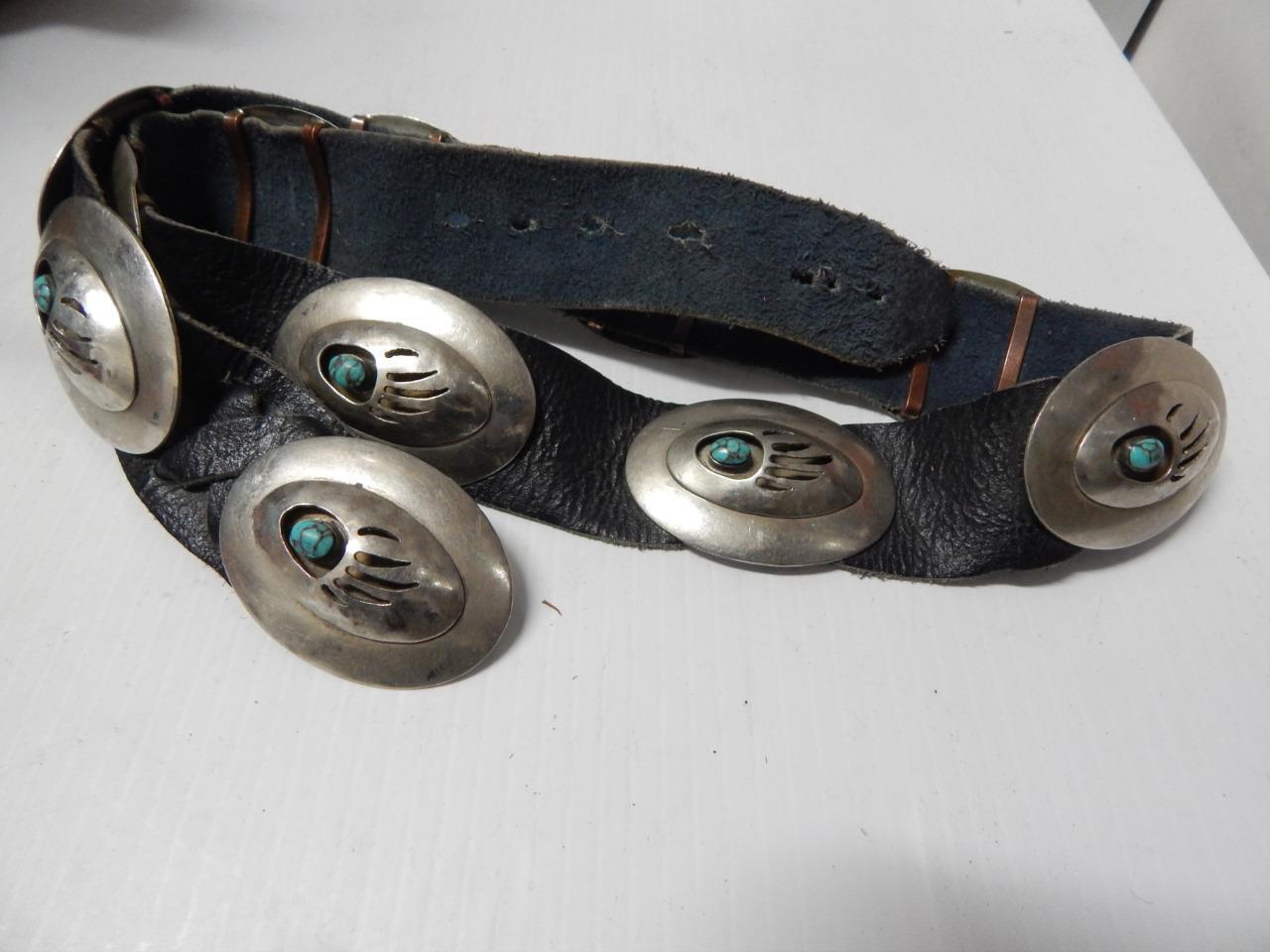 VINTAGE 1960-70s NAVAJO INDIAN BEAR CLAW TURQUOISE GERMAN SILVER CONCHO BELT