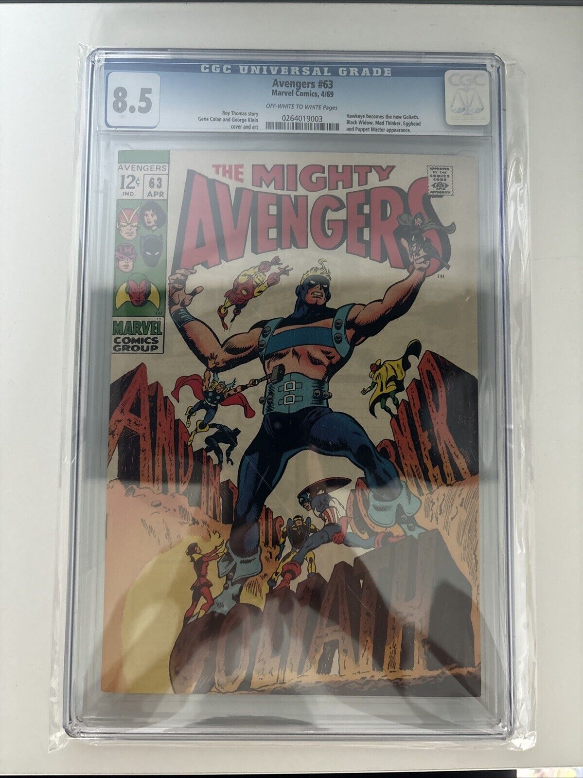 AVENGERS #63 1969 CGC 8.5 OW/W HAWKEYE BECOMES THE NEW GOLIATH