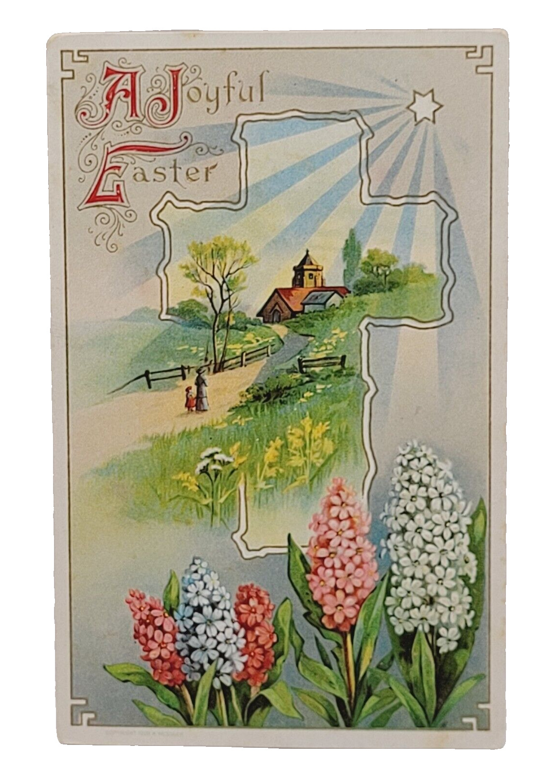 Antique A Joyful Easter Hyacinth Spring Scene Cross 1910s Embossed Postcard Used