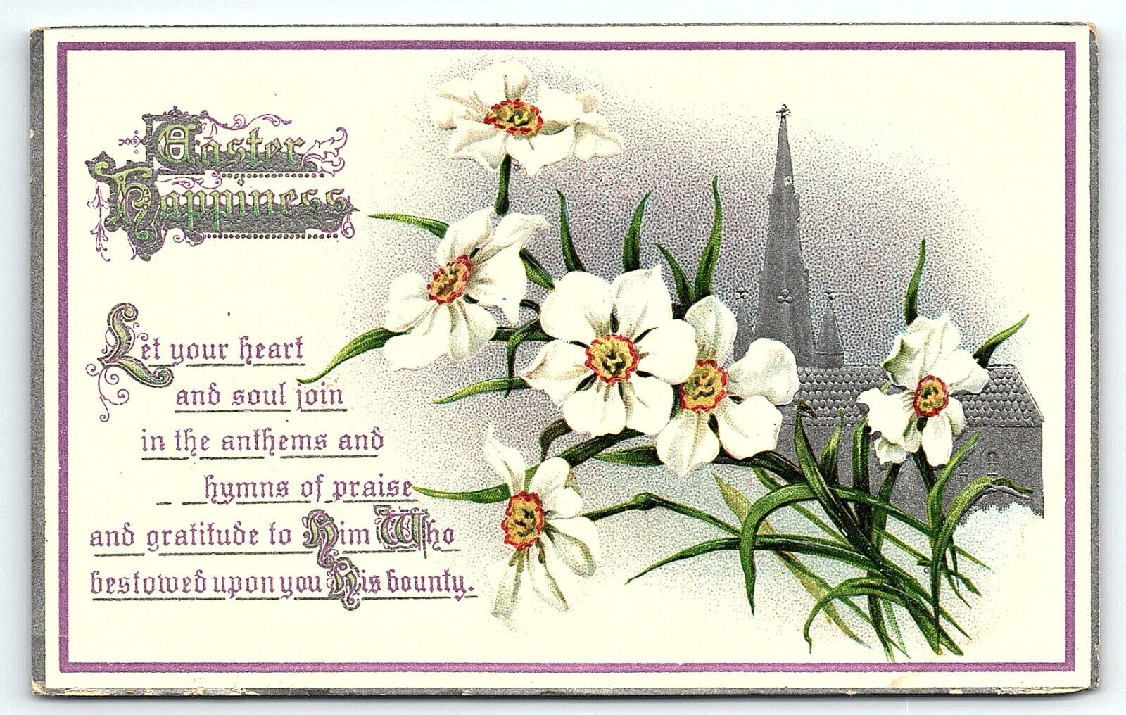 c1910 EASTER HAPPINESS FLORAL LILLIES CHURCH UNPOSTED EMBOSSED POSTCARD P3295