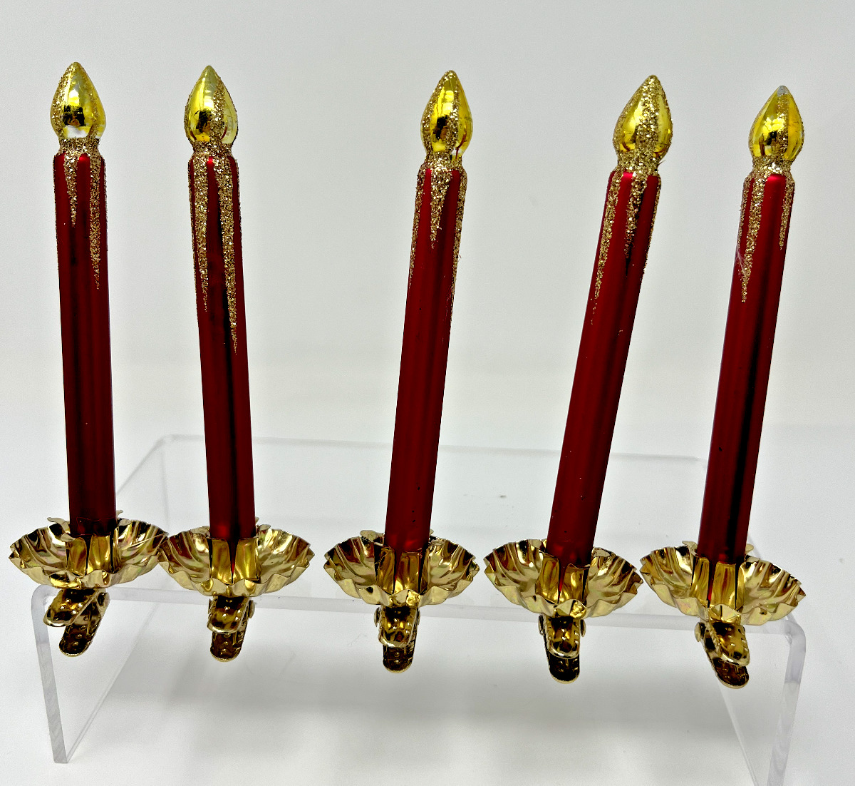 Vintage Christmas Red Gold Candle Clip On Ornaments Set of 5
