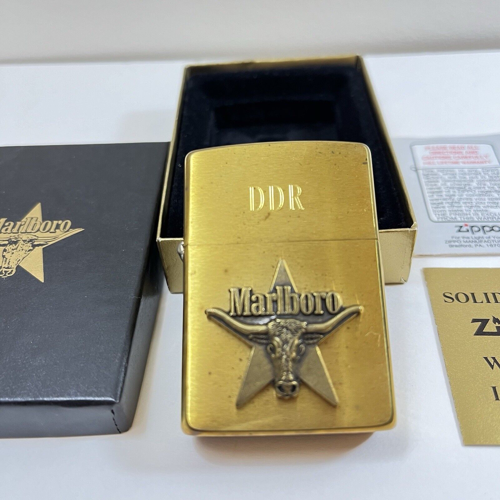 NIB Vintage Zippo 1990s MARLBORO Longhorn Star BRASS LIGHTER Monogrammed DDR New