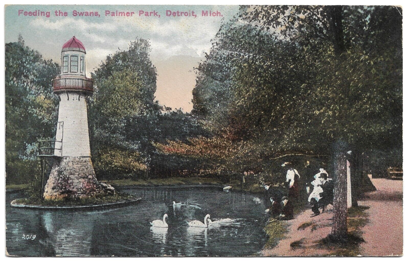 Detroit Michigan MI Palmer Park Feeding the Swans Lighthouse Vintage Postcard
