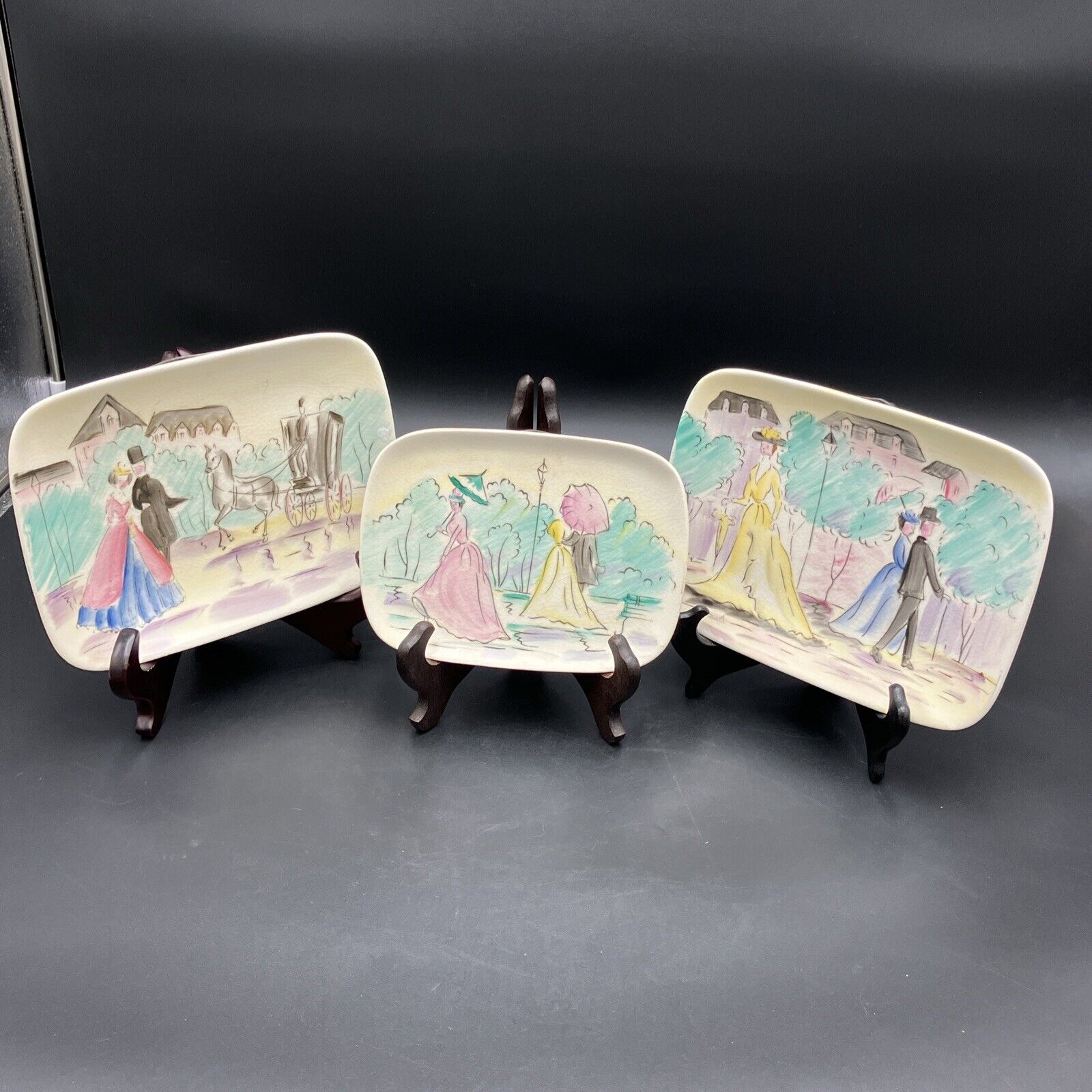 3 Vintage Ucagco Wall hanging Plates 1950’s Colonial Park Scene Hand Painted
