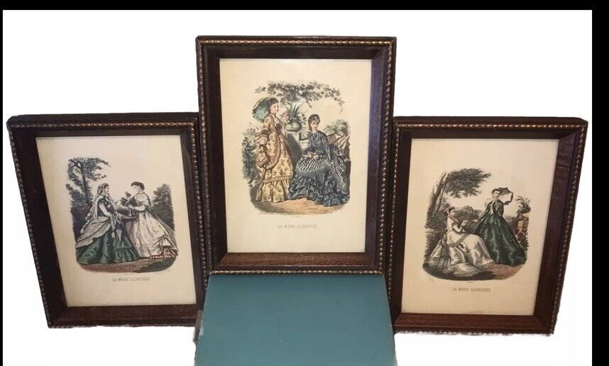 3 Framed Antique Godey's Ladies Fashion Plates Prints Pictures 8 1/2” X 7” Fun