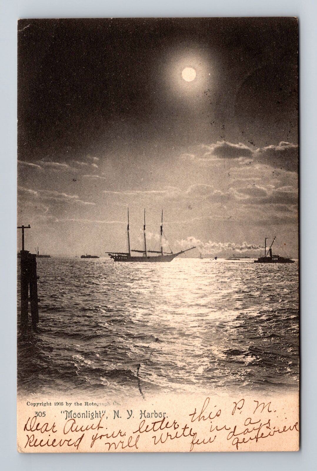 NY-New York, Moonlight on New York Harbor, Antique Souvenir Vintage Postcard