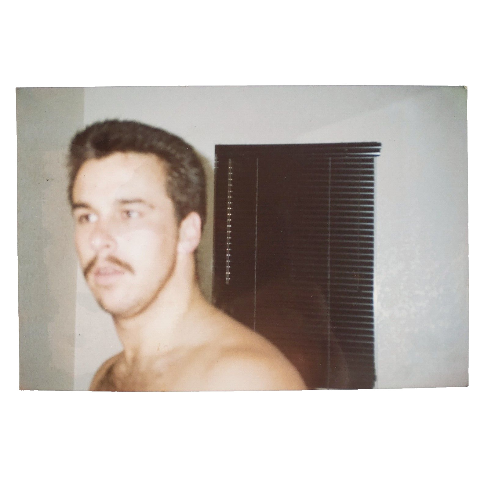 Snapshot of Blurred Man with Mustache 1990s Shirtless Guy & Window Shade C3538