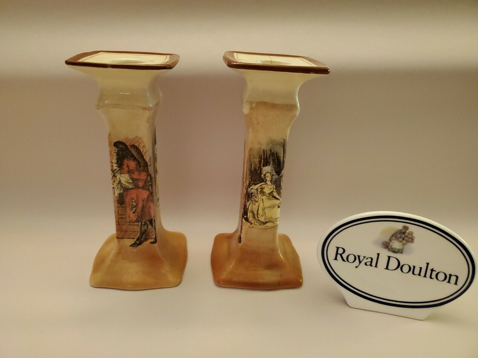 Antq c.1911 Royal Doulton Series Ware Sir Roger De Coverley D3418 Candle Sticks 