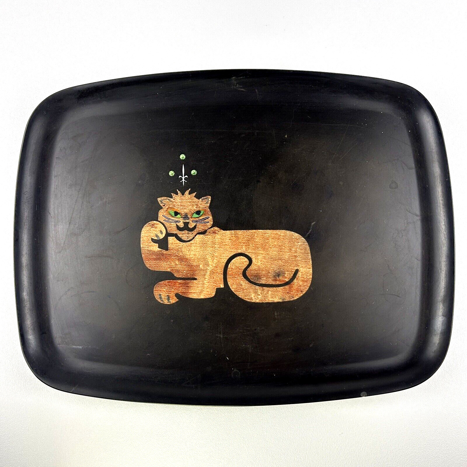 Vtg Couroc Of Monterey Lion Cat  Green Jewel Crown, Plate Tray, Wood Inlay MCM