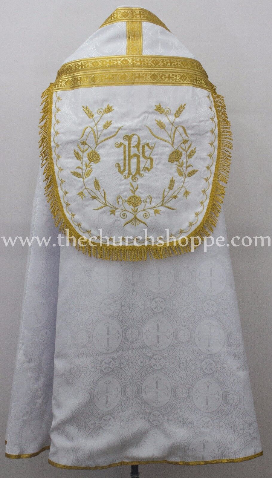 New WHITE Cope & Stole Set with IHS embroidery,capa pluvial,chape,far fronte