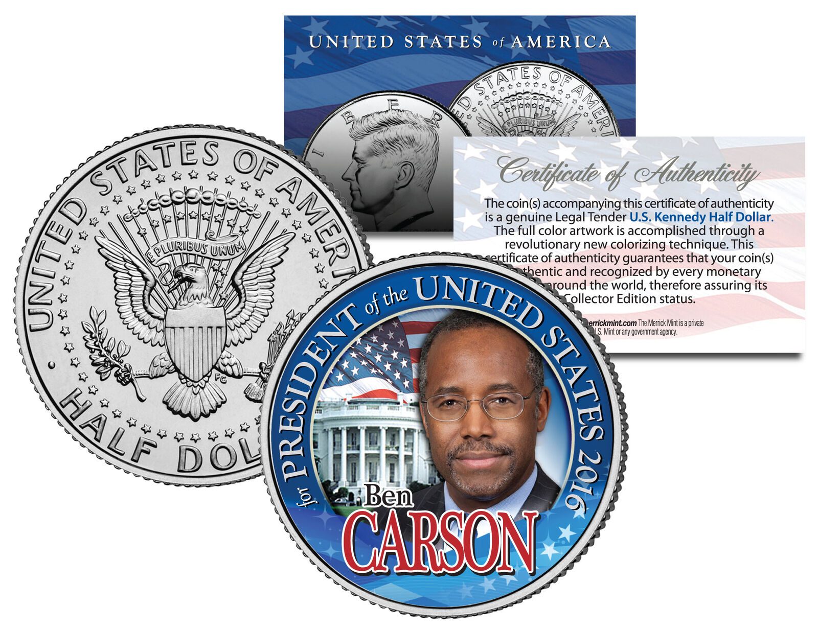 BEN CARSON FOR PRESIDENT 2016 Campaign Colorized JFK Half Dollar U.S. Coin