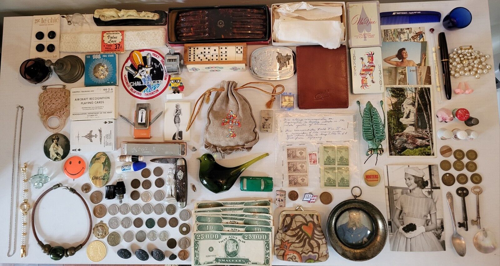 Amazing Rare Vintage Junk Drawer Lot Of Coins, Dominoes Set, Native Marble sack