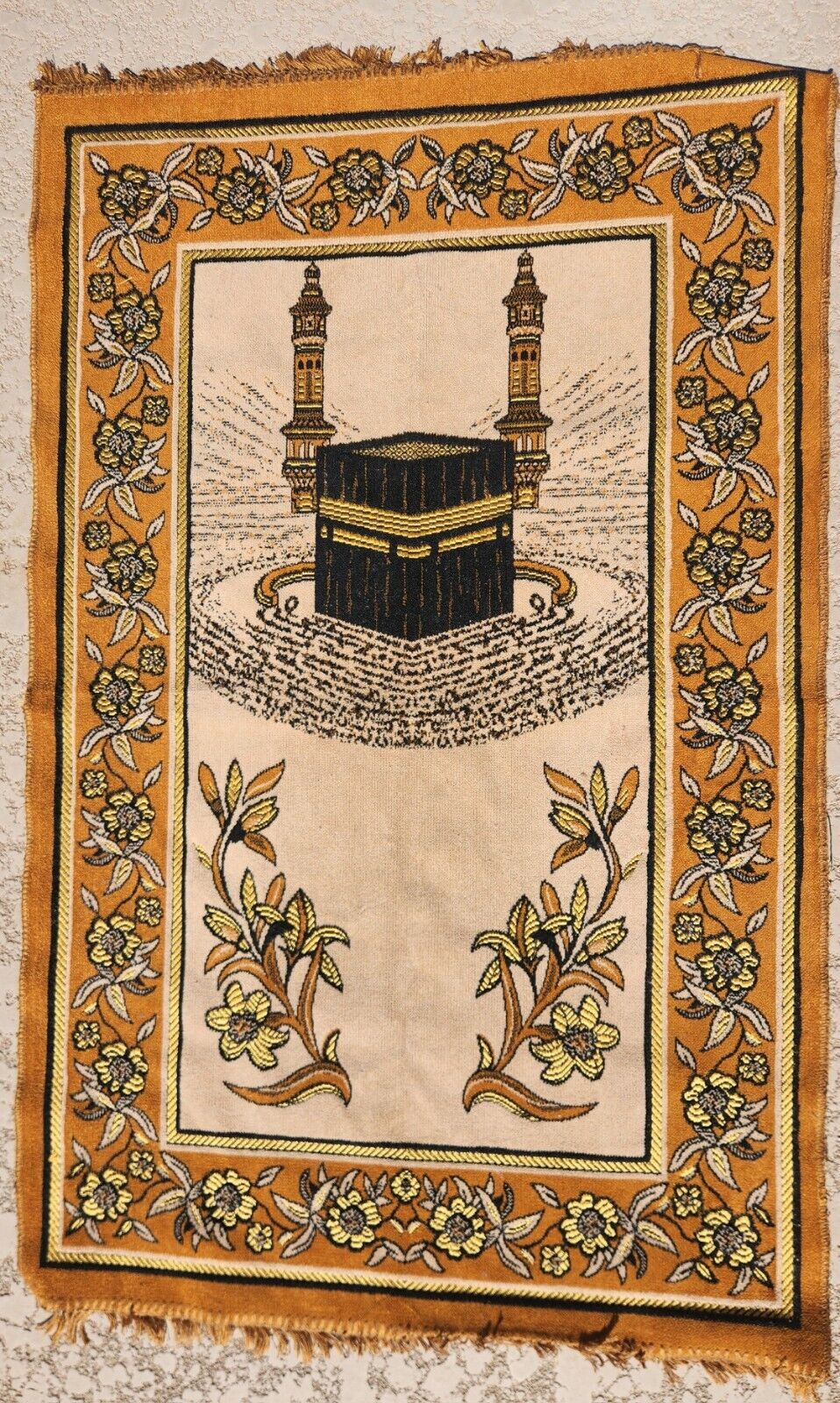 Vintage Antique Middle Eastern Wall Tapestry Prayer Rug Gold Black w/ Fringe