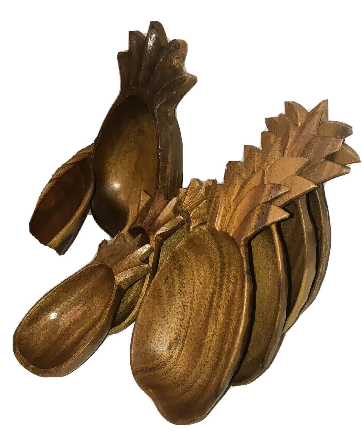 10 PIECE MONKEY POD WOOD SALAD SERVING BOWL SET 5”-17” Carved Pineapple MCM Fun