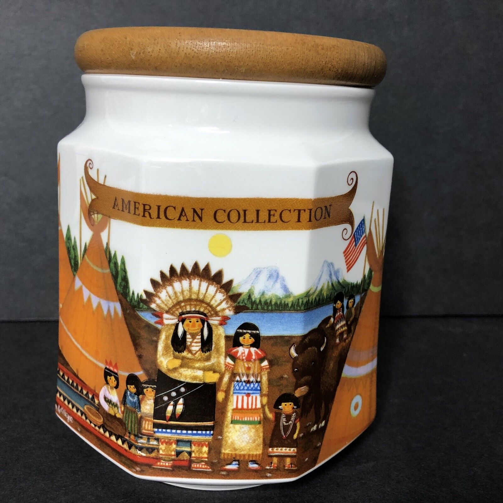 Vintage NIKKO American Collection CANISTER Wooden Lid Native American Village