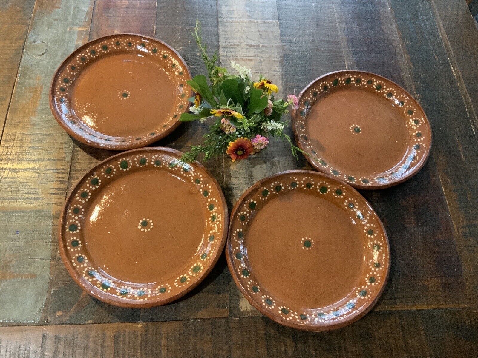 Mexican Redware Clay Barro Dinner Plates Set of 4 - 10”