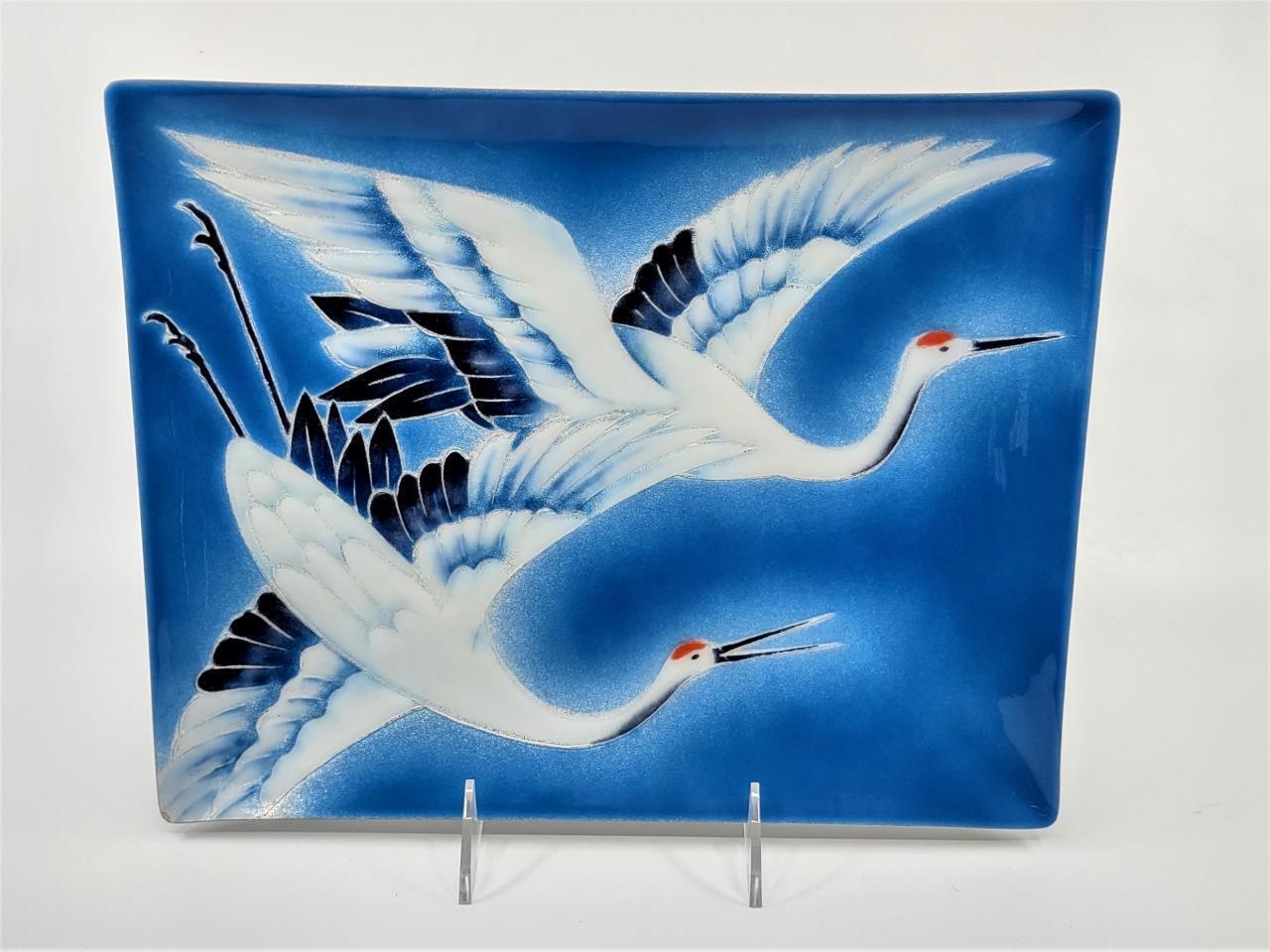 Tutanka Japanese Hinode Cloisonne Enamel Tray Pair Cranes Blue Sky Birds 11 x 9