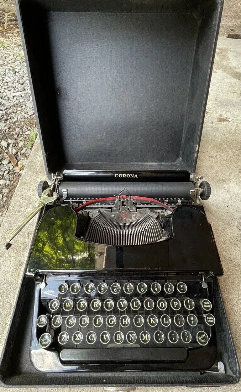 1936 Corona Standard Working Glossy Black Flat top Typewriter With Case