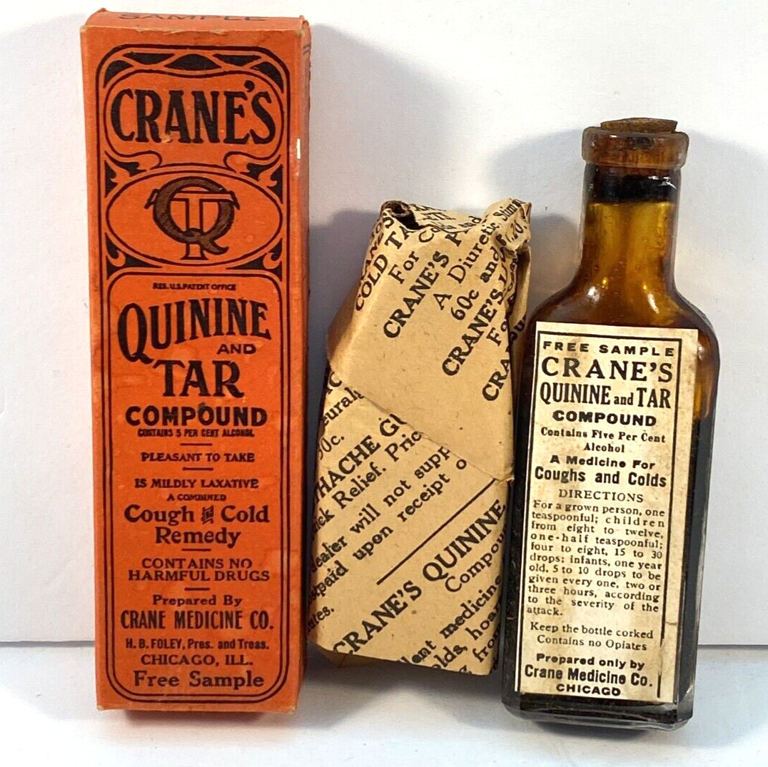 Antique Crane's Quinine and Tar Med Bottle w/Original Packaging and Contents NOS