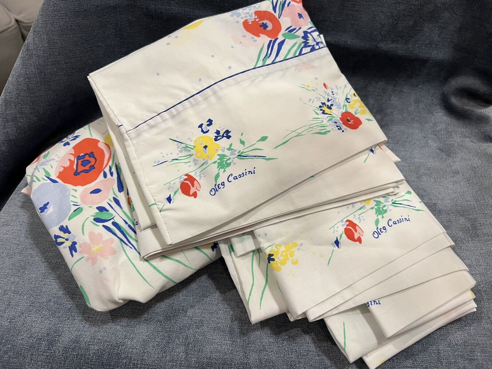 Vintage 1970's Oleg Cassini Floral Bed Sheets Set Flat Fitted Pillowcase Twin