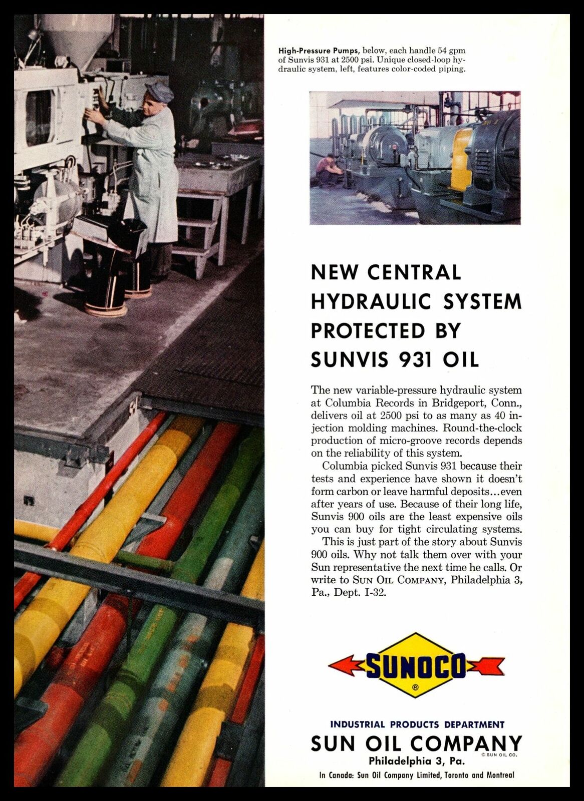 1959 SUNOCO Sun Oil Company Sunvis 931 Central Hydraulic System Factory Print Ad