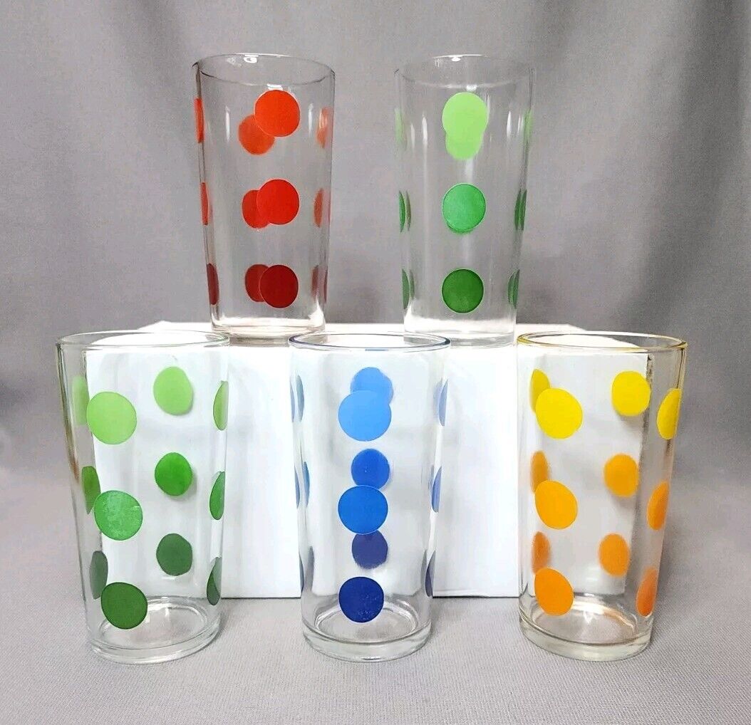 Vintage Polka Dots Juice Tumblers Retro Drinking Glass Set of 5 Glasses 10 oz