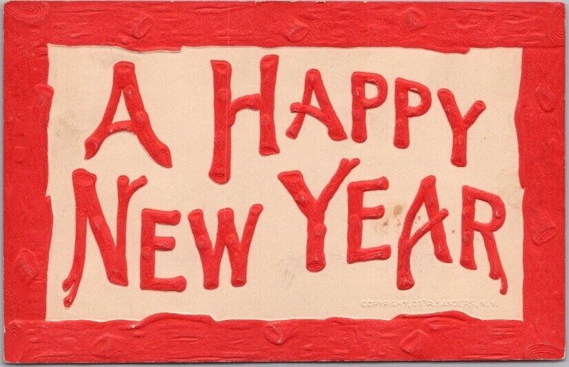 Vintage HAPPY NEW YEAR Large Letter Embossed Postcard Red Letters / 1909 Cancel