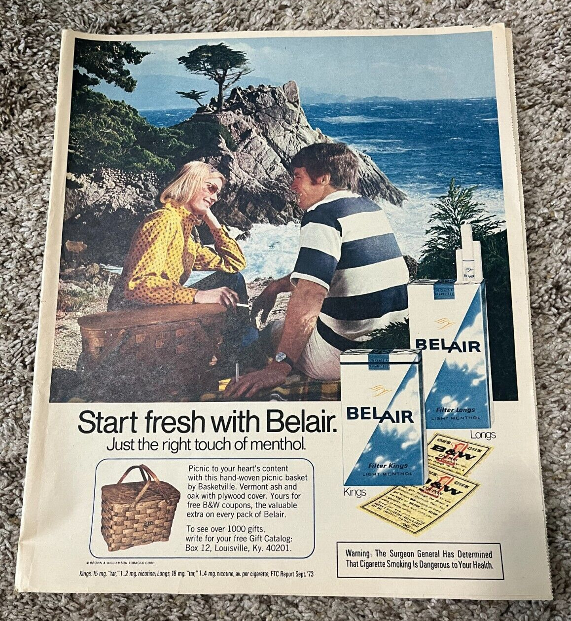 1973 Belair Cigarettes Ocean Beach Picnic Newspaper Print Ad