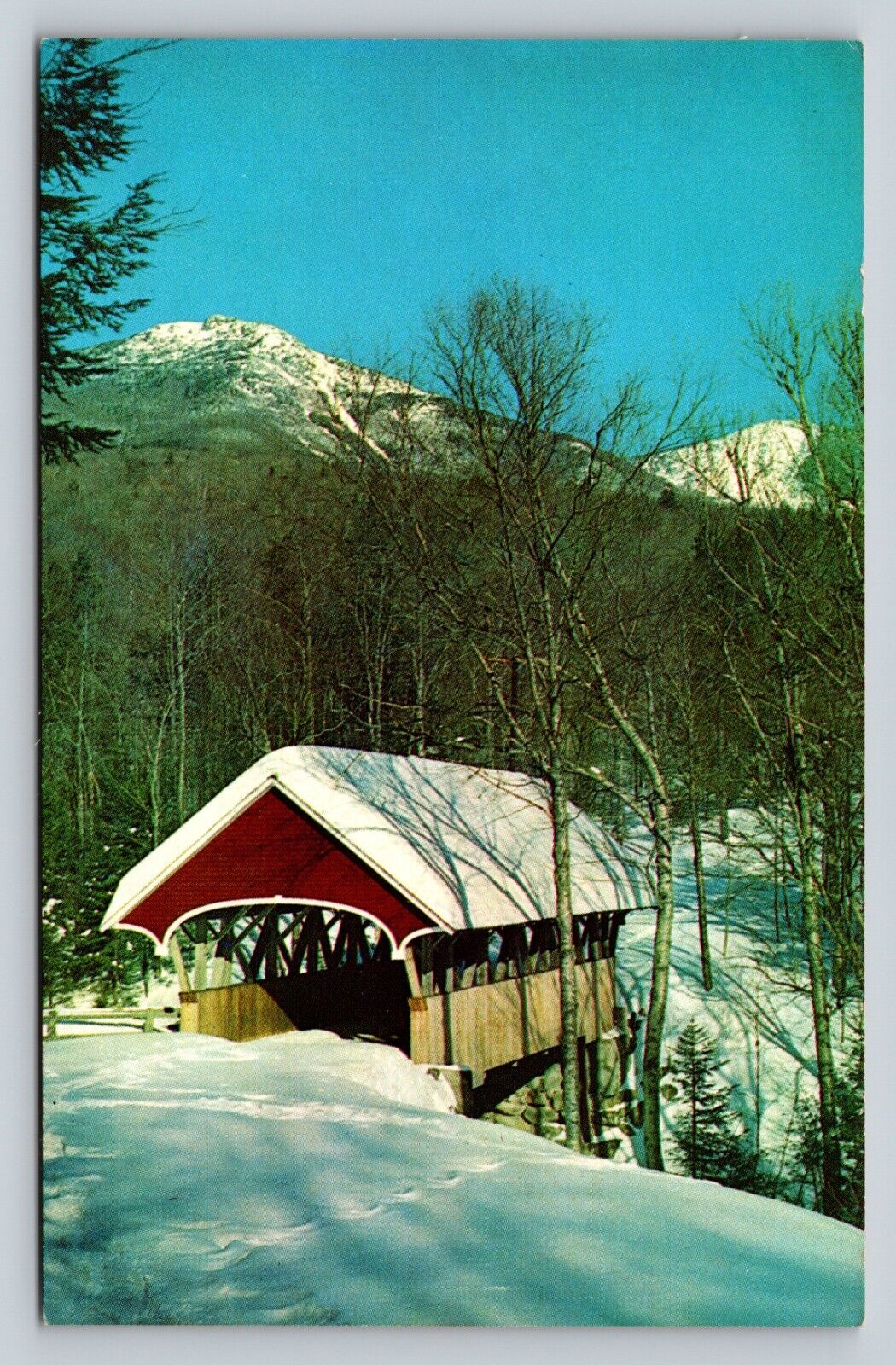 Flume Covered Bridge & Mount Liberty Franconia Notch NH Vintage Postcard A156