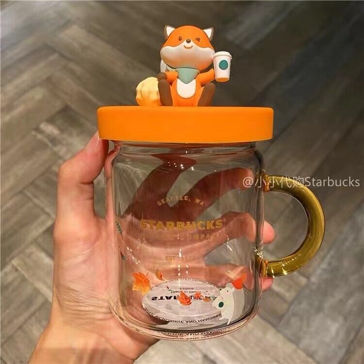 2021 New Starbucks Fall Maple Leaves Cute Fox Glass Cups w/ Lid Gift Coffee mugs