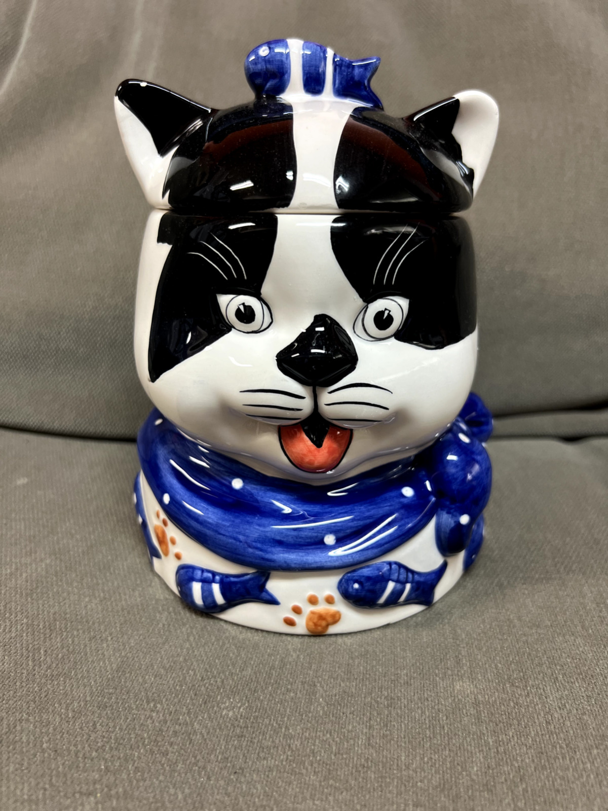 *GREAT CONDITION* Adorable Large Cat Ceramic Jar Hand Painted