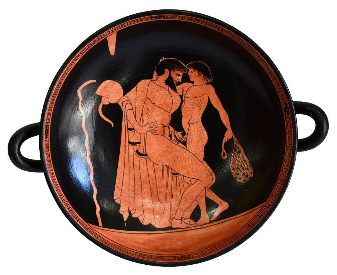 Homoerotic Scene between Two Males of Different Ages - Red Figure Small Kylix 